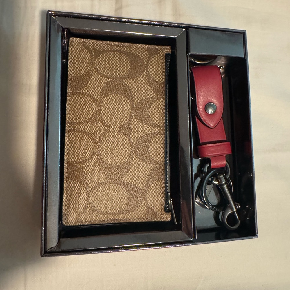 Coach Brown Signature Canvas Card Case with Red Leather Key Fob
